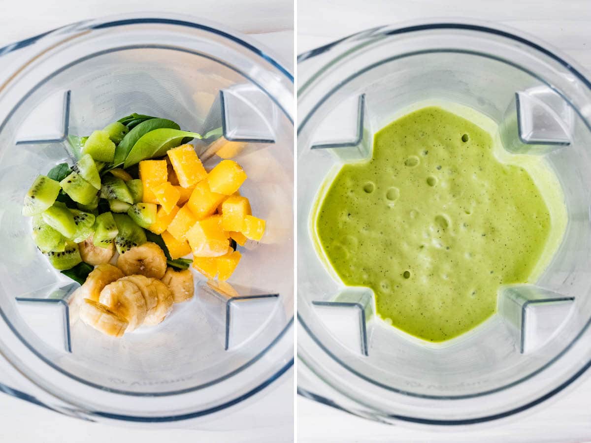 Side by side photos of a blender with the ingredients to make a kiwi smoothie before and after being blended.