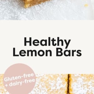 Photos of lemon bars topped with powdered sugar.