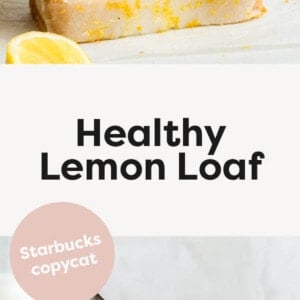 Stack of lemon loaf slices. Below is a photo of lemon glazing being drizzled over a lemon loaf.