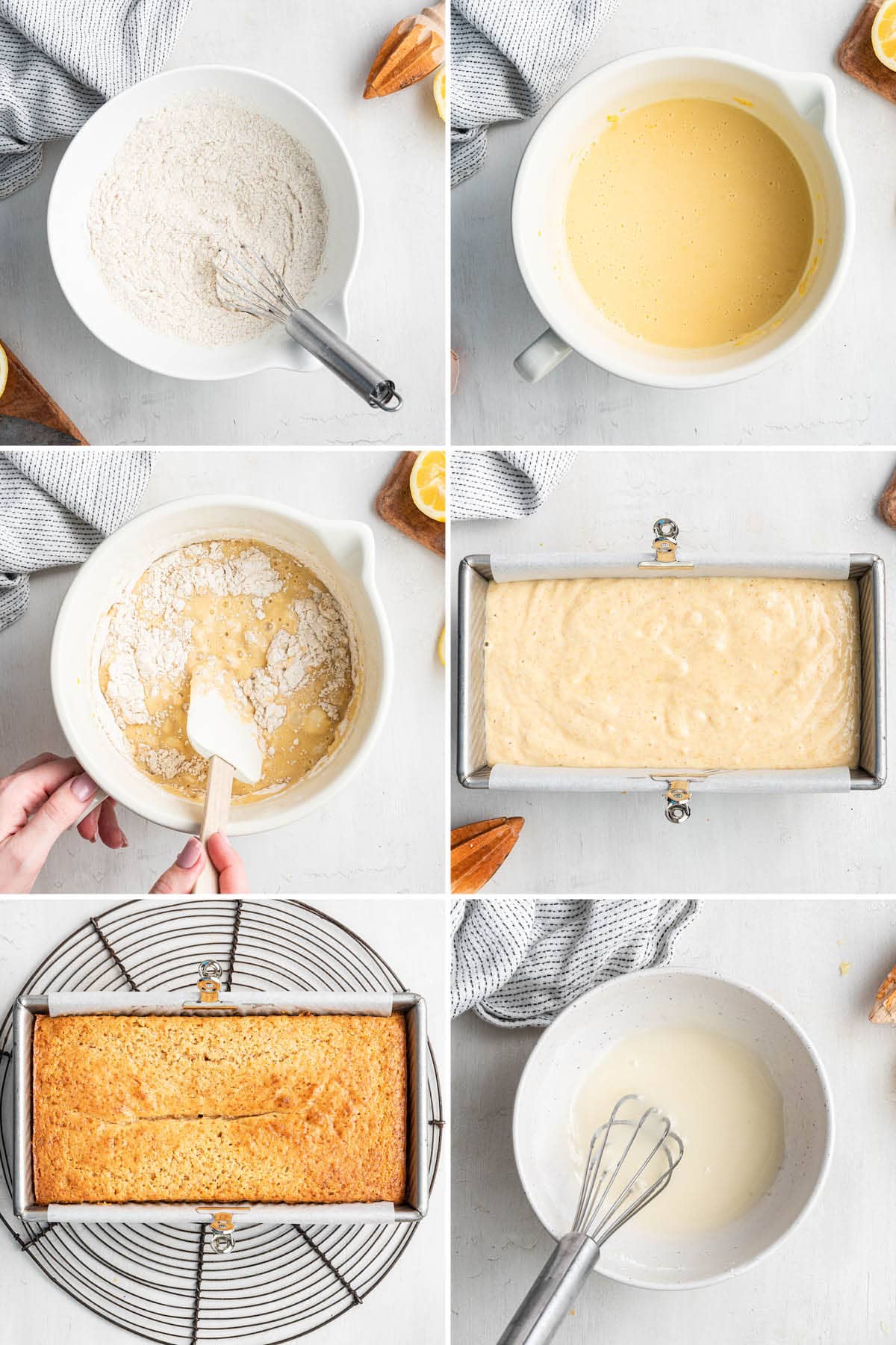 Collage of six photos showing the steps to making a healthy lemon loaf: mixing the batter, baking the loaf in a bread pan and then making a lemon glaze.