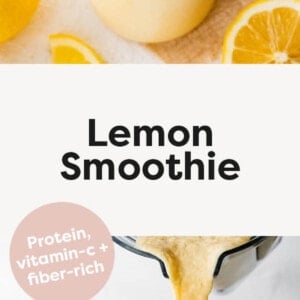 Overhead view of a lemon smoothie with a straw and slices of fresh lemon.  The photo below is the shake being poured into a glass.