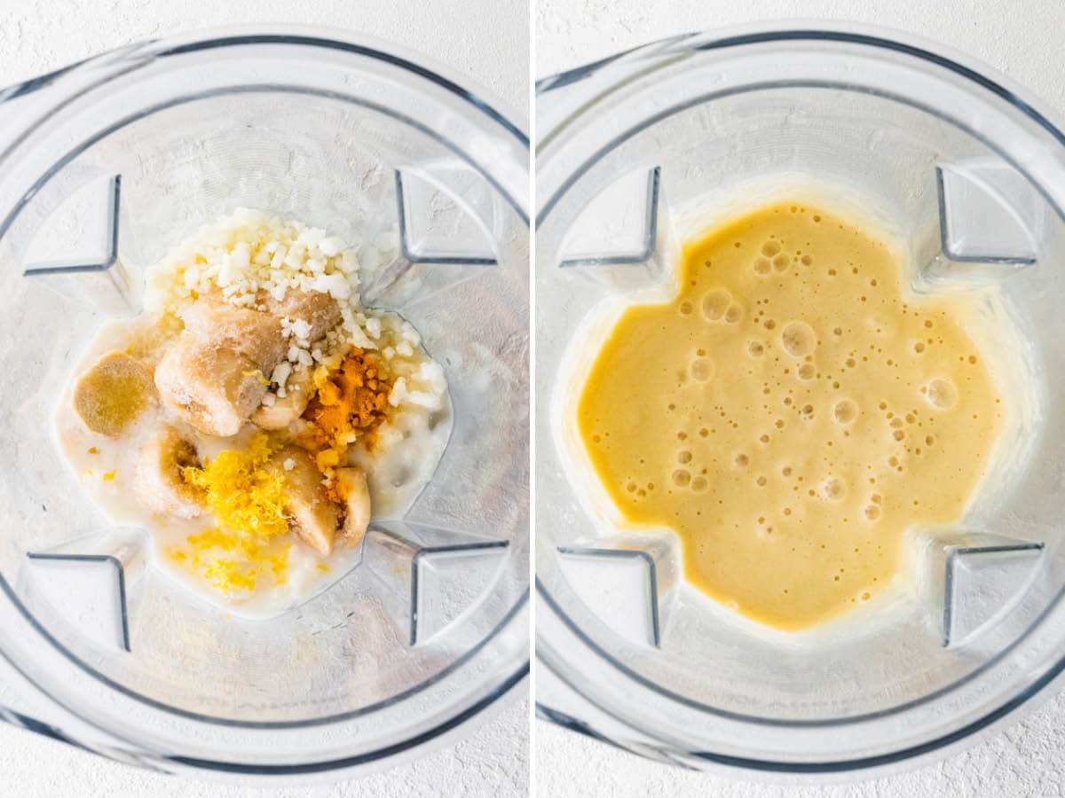 Side by side photos of a blender with the ingredients to make a lemon shake before and after blending.