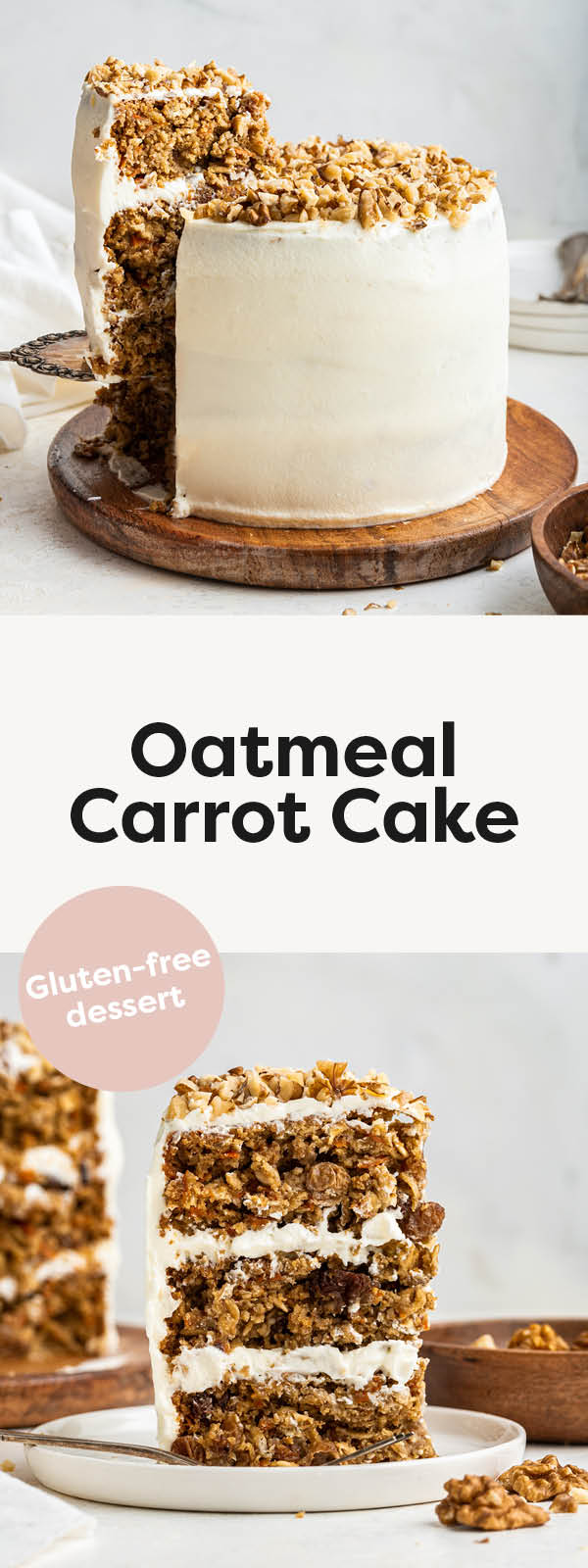Slice of carrot cake being lifting from the cake. Photo below: A slice of a 3-layer oatmeal carrot cake standing up vertical on a white plate.