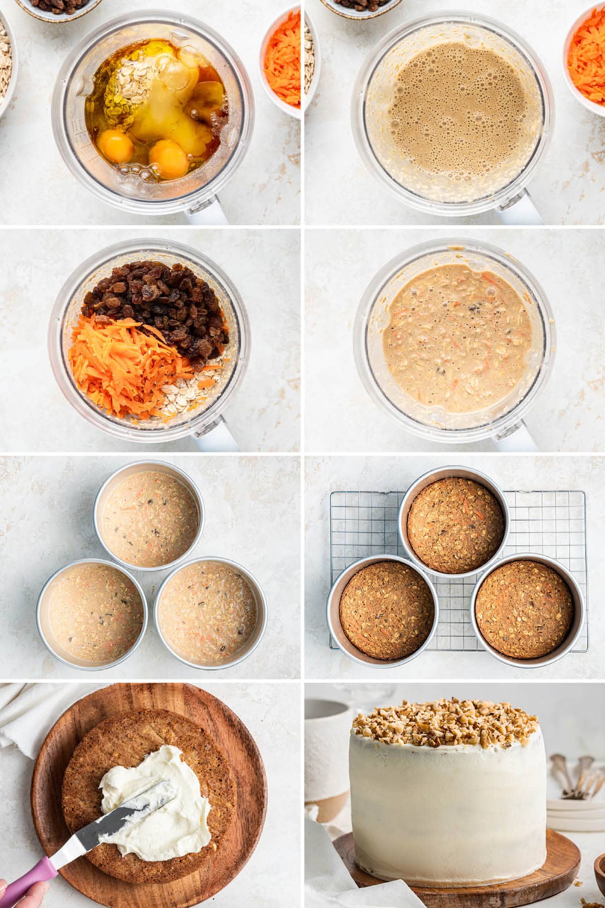 Collage of 8 photos showing the steps to make Oatmeal Carrot Cake: blending the batter in a blender, baking in three cake pans, and then layering the cake layers with cream cheese frosting.