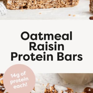 Two photos of oatmeal raisin protein bars, stacked and spread out on a counter, drizzled with coconut butter.