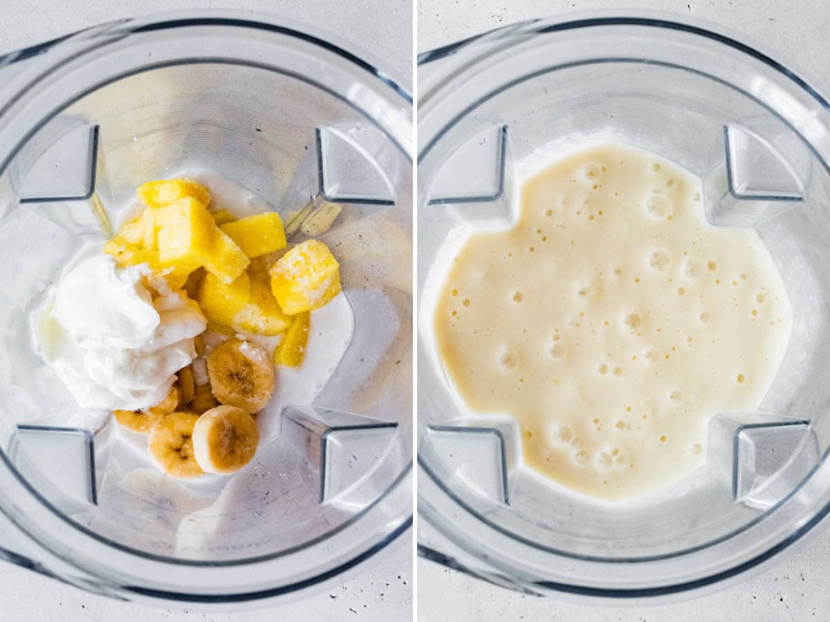 Side by side photos of a blender with the ingredients to make a pineapple smoothie before and after blending.