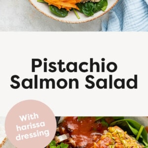 Pistachio salmon salad topped with quinoa, carrots, chickpeas, dates and harissa dressing.