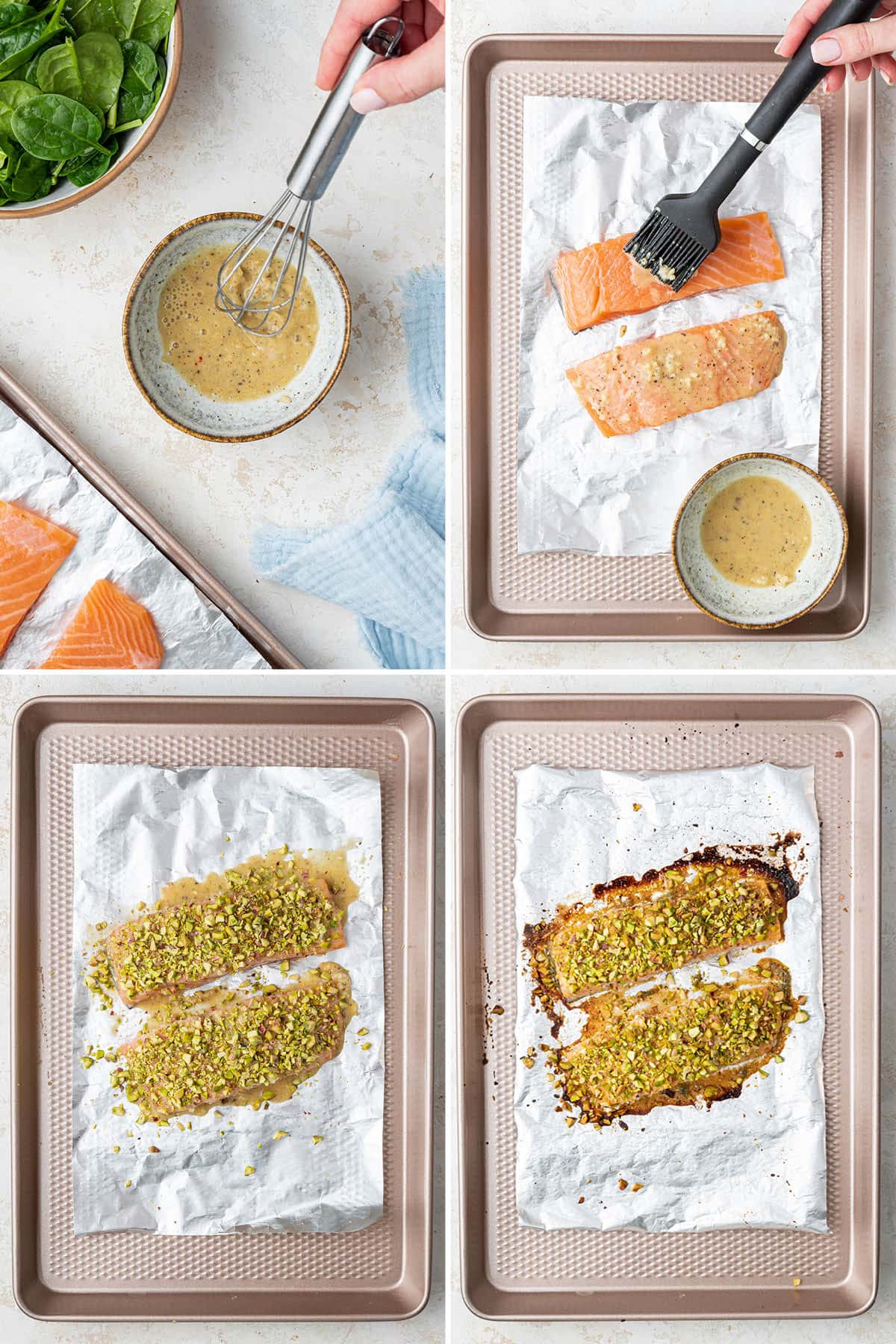 Collage of four photos showing how to make pistachio salmon: brushing a dijon lemon mixture onto the salmon, topping with pistachios and then baking.