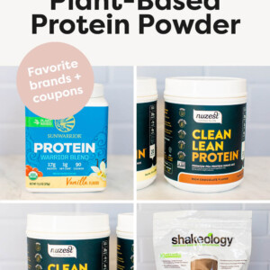 Collage of four photos of different plant-based protein powder containers: Nuzest vanilla, Shakeology chocolate, Sunwarrior vanilla and Nuzest chocolate.