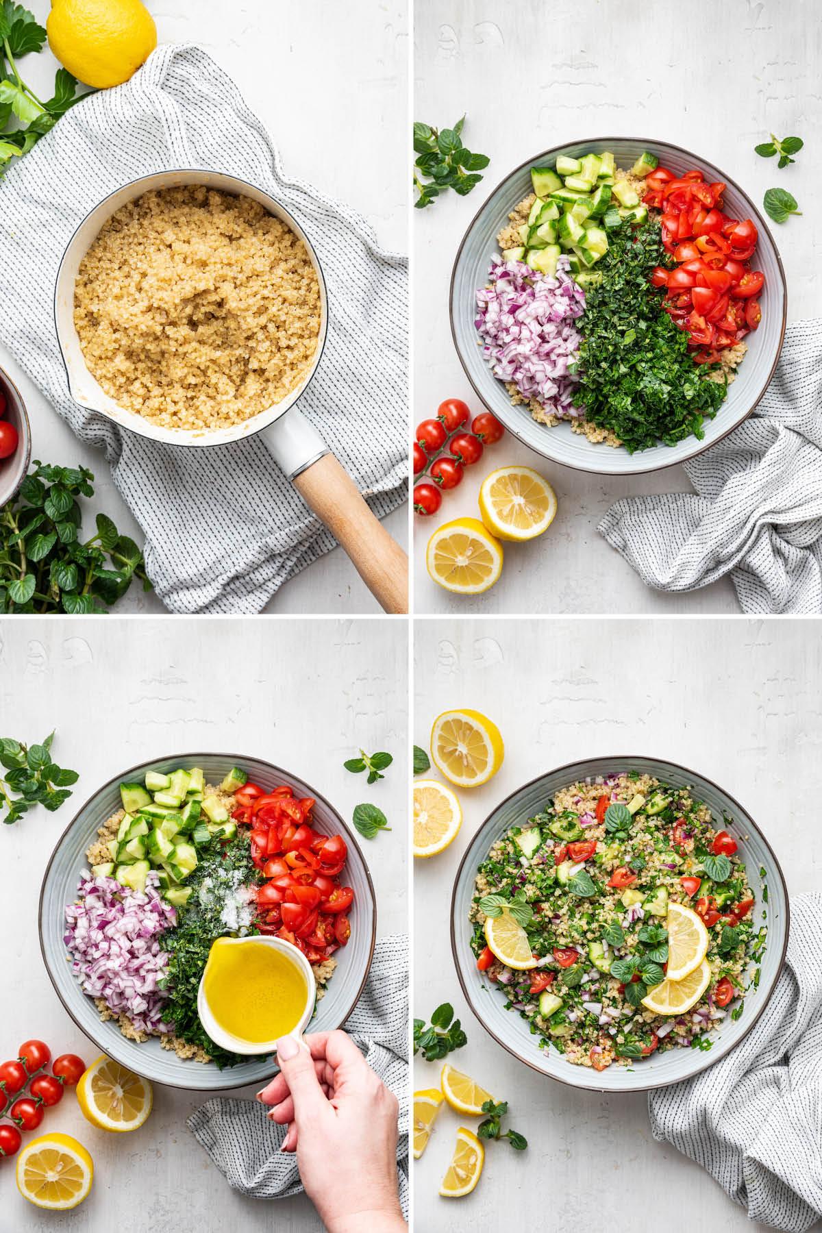 Collage of four photos showing the steps to make Quinoa Tabbouleh: cooking quinoa, adding quinoa and veggies to a bowl and then tossing with lemon, olive oil and salt.