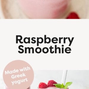 Glasses of a raspberry smoothie topped with mint and raspberries.