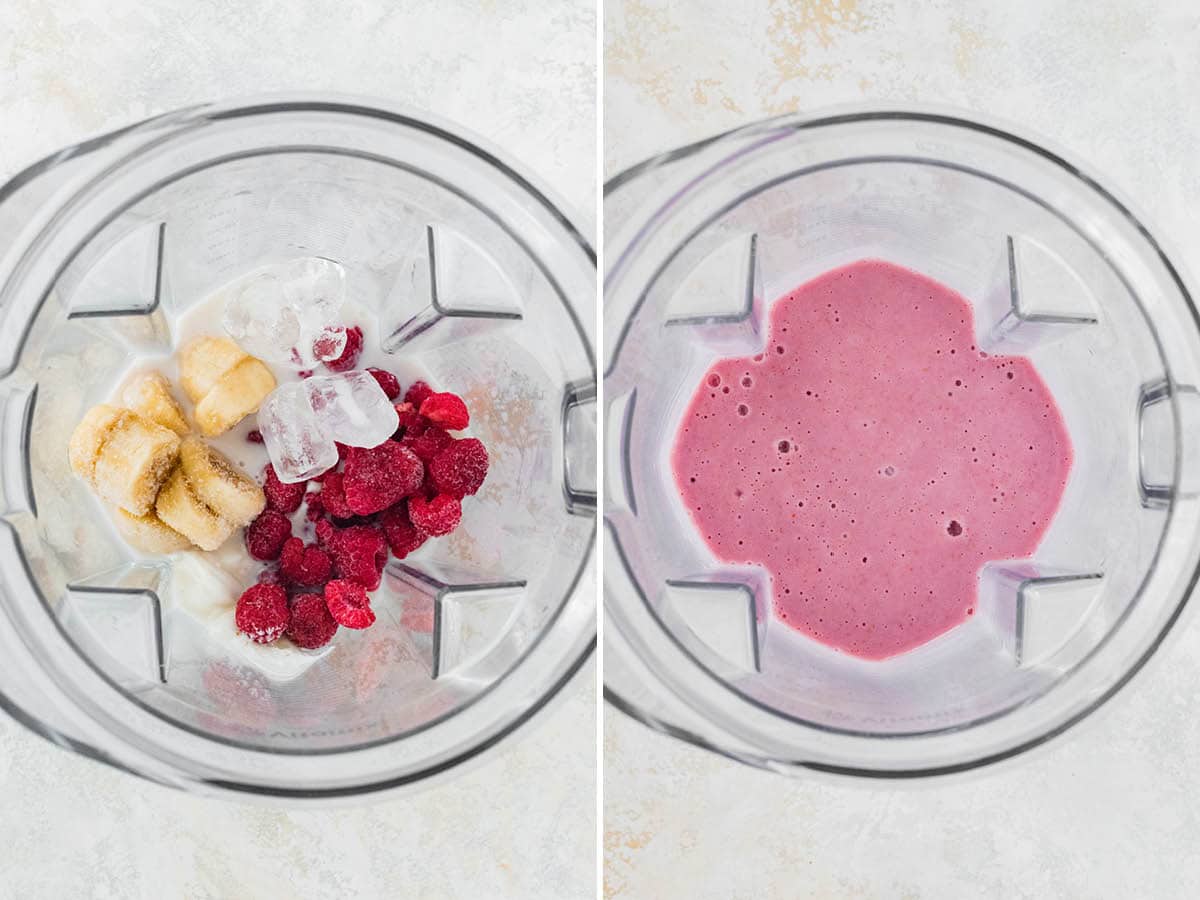 Side by side photos of a blender with the ingredients to make a Raspberry Smoothie, before and after being blended.