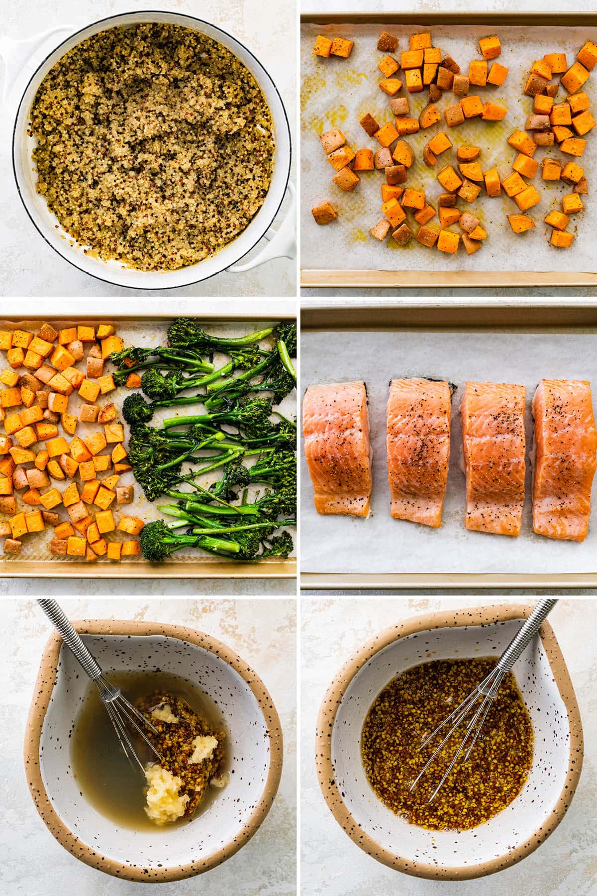 Collage of six photos showing how to make Easy Salmon Meal Prep Bowl: cooking quinoa, roasting sweet potatoes and broccolini, salmon and making a mustard maple glaze for the salmon.