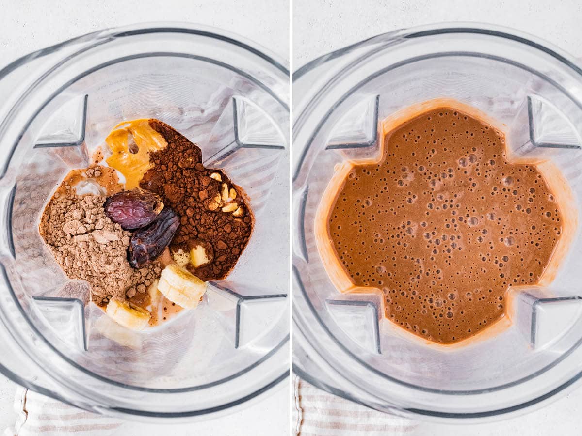 Side by side photos of a blender with the ingredients to make a Snickers Protein Smoothie, before and after being blended.