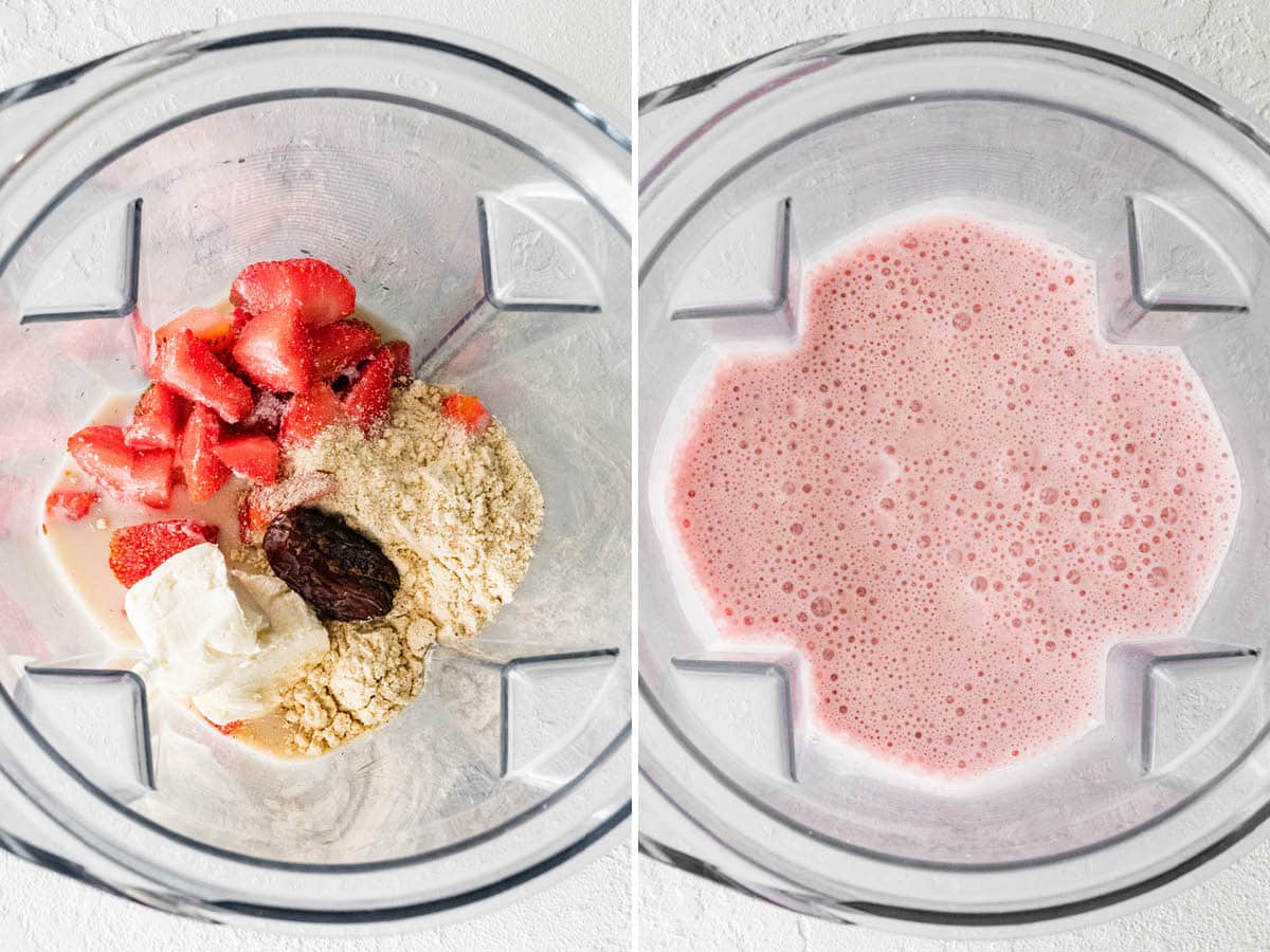 Side by side photos of a blender with the ingredients to make a strawberry cheesecake shake before and after blending.
