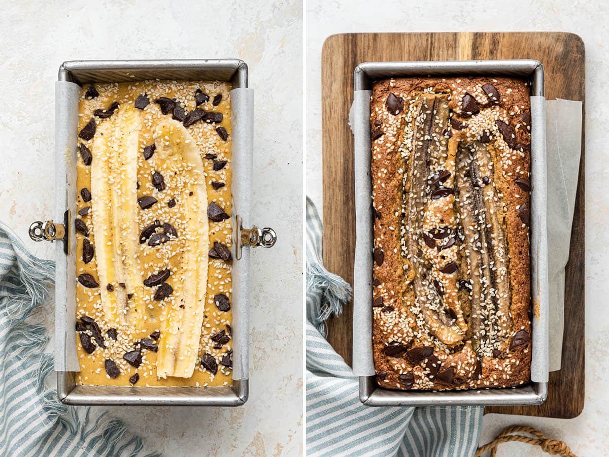 Side by side photos of Tahini Banana Bread in a bread pan, topped with chocolate and banana slices, before and after being baked.