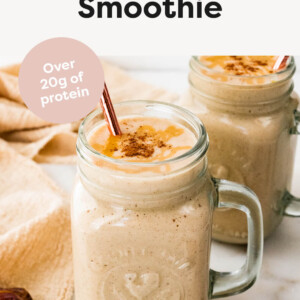 Tahini smoothie in a mason jar mug.