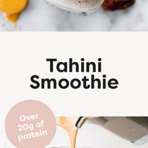 Tahini smoothie in a mason jar mug. Photo below is a blender pouring the smoothie into the glass.