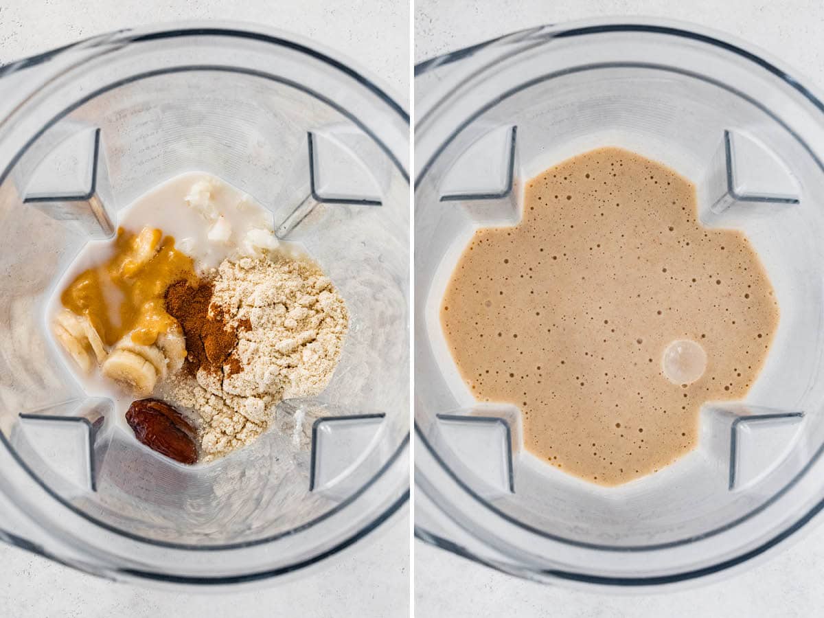 Side by side photos of a blender with the ingredients to make a Tahini Smoothie, before and after being blended.