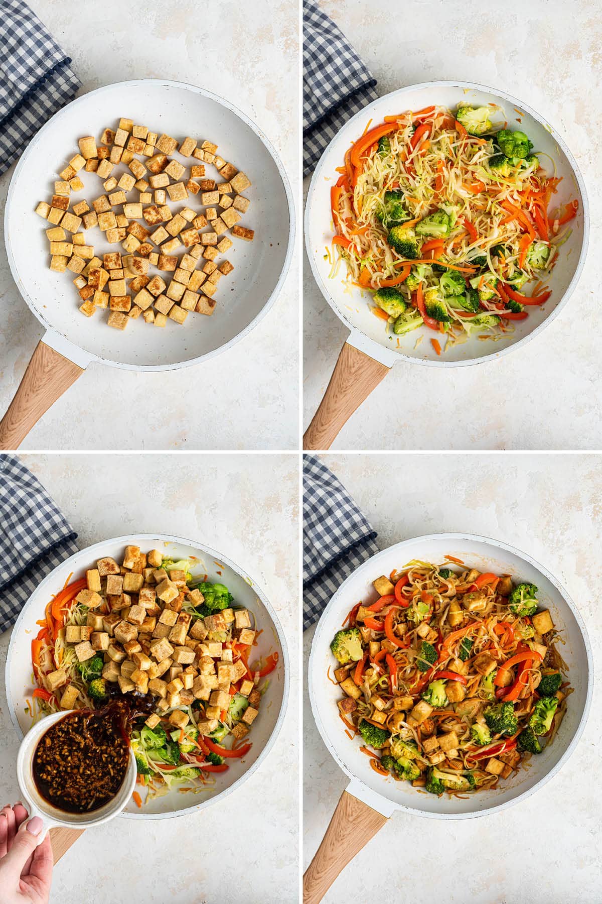 Collage of 4 photos showing the steps to make a Tofu Cabbage Noodle Bowl: cooking tofu in a skillet, then cooking the veggies, and finally cooking the veggies and tofu all together with the sauce.
