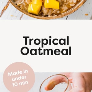 Bowl of oatmeal topped with fresh mango, banana slices, toasted coconut and a splash of milk. Photo below is maple syrup being drizzles on a bowl of tropical oatmeal.