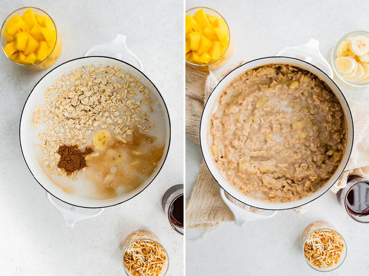 Side by side photos of a pot showing the before and after of ingredients to make Tropical Oatmeal, into a creamy pot of oatmeal.