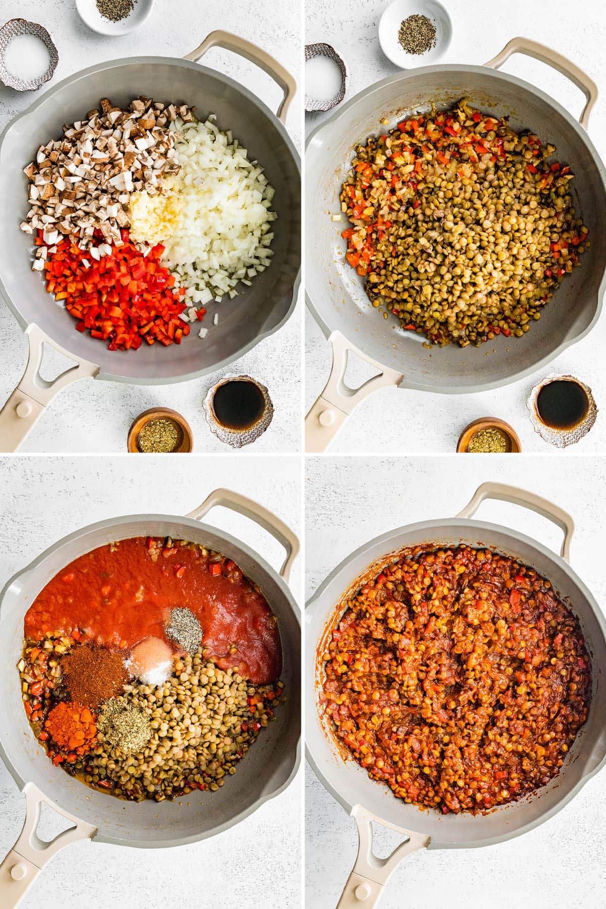Collage of four photos showing how to make Vegan Sloppy Joes: cooking veggies in a pan, adding lentils, spices and sauce until cooked together.
