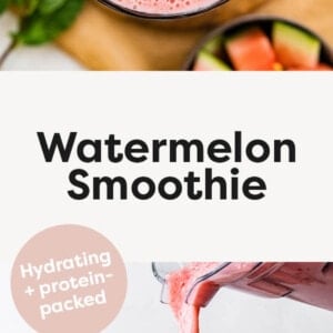 Watermelon smoothie topped with watermelon and mint. Photo below is of a blender pouring the smoothie into a glass.