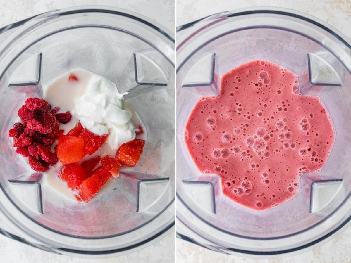 Side by side photos of a blender with the ingredients to make a watermelon smoothie before and after blending.
