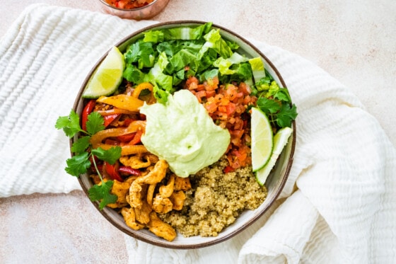 Assembled chicken fajita bowl.