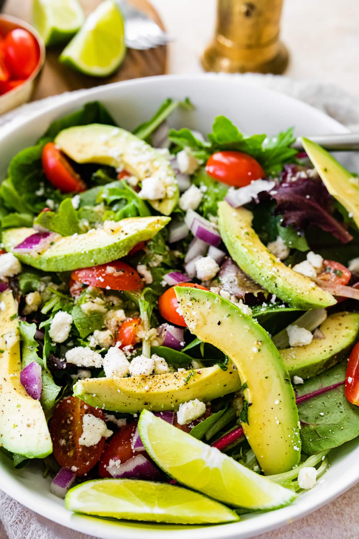 Close up photo of deconstructed guacamole salad.