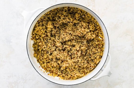 Tri-colored quinoa cooked in a pot.