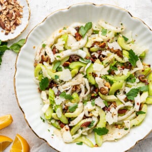 Close up image of fennel and celery salad in white serving bowl.