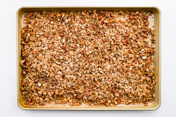 Oats, almonds and shredded coconut on a baking tray after baking.