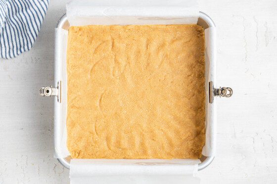 Lemon bars crust in pan.