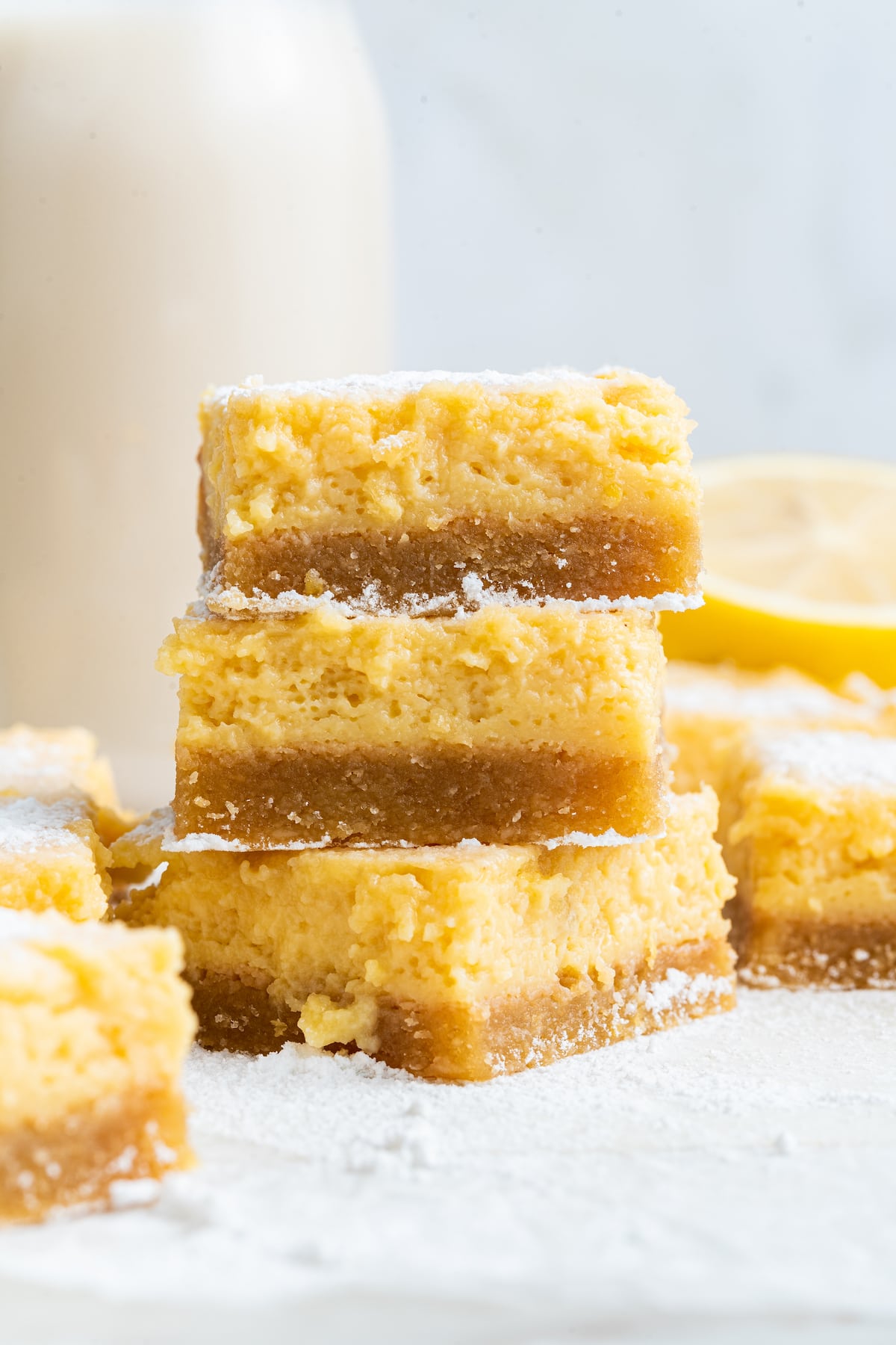 Three lemon bars stacked.