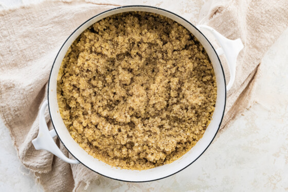 Cooked quinoa in a pot for the meal prep detox salad.