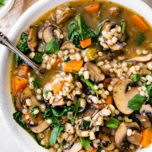 A bowl of mushroom barley soup.
