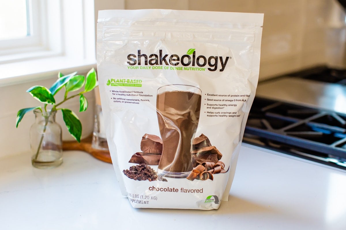 Bag of Shakeology chocolate protein powder.