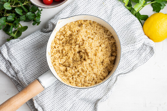 Cooked quinoa in a pot.