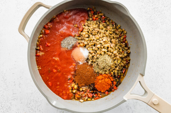 Ingredients for vegan Sloppy Joes in a skillet.