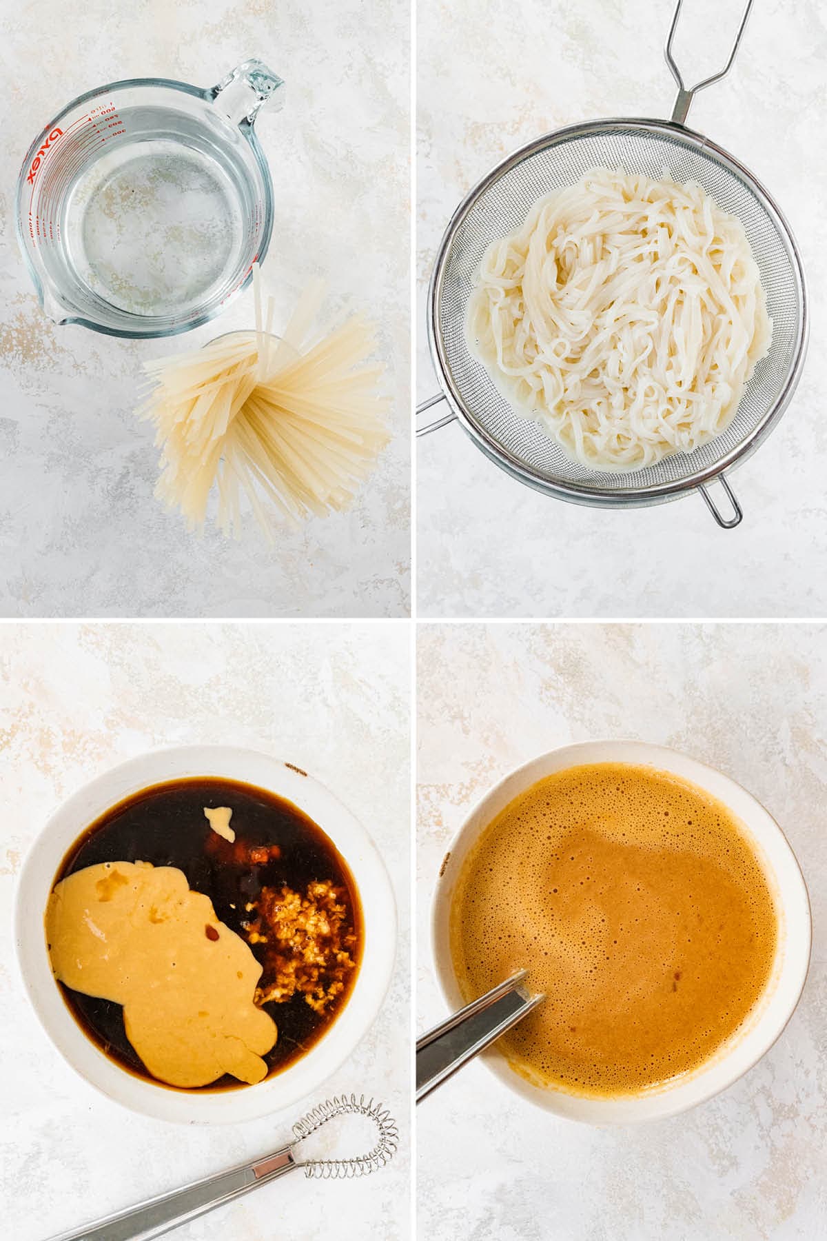 Collage of four photos showing rice noodles before and after being cooked, and the ingredients for an Asian tahini sauce, before and after being whisked together.