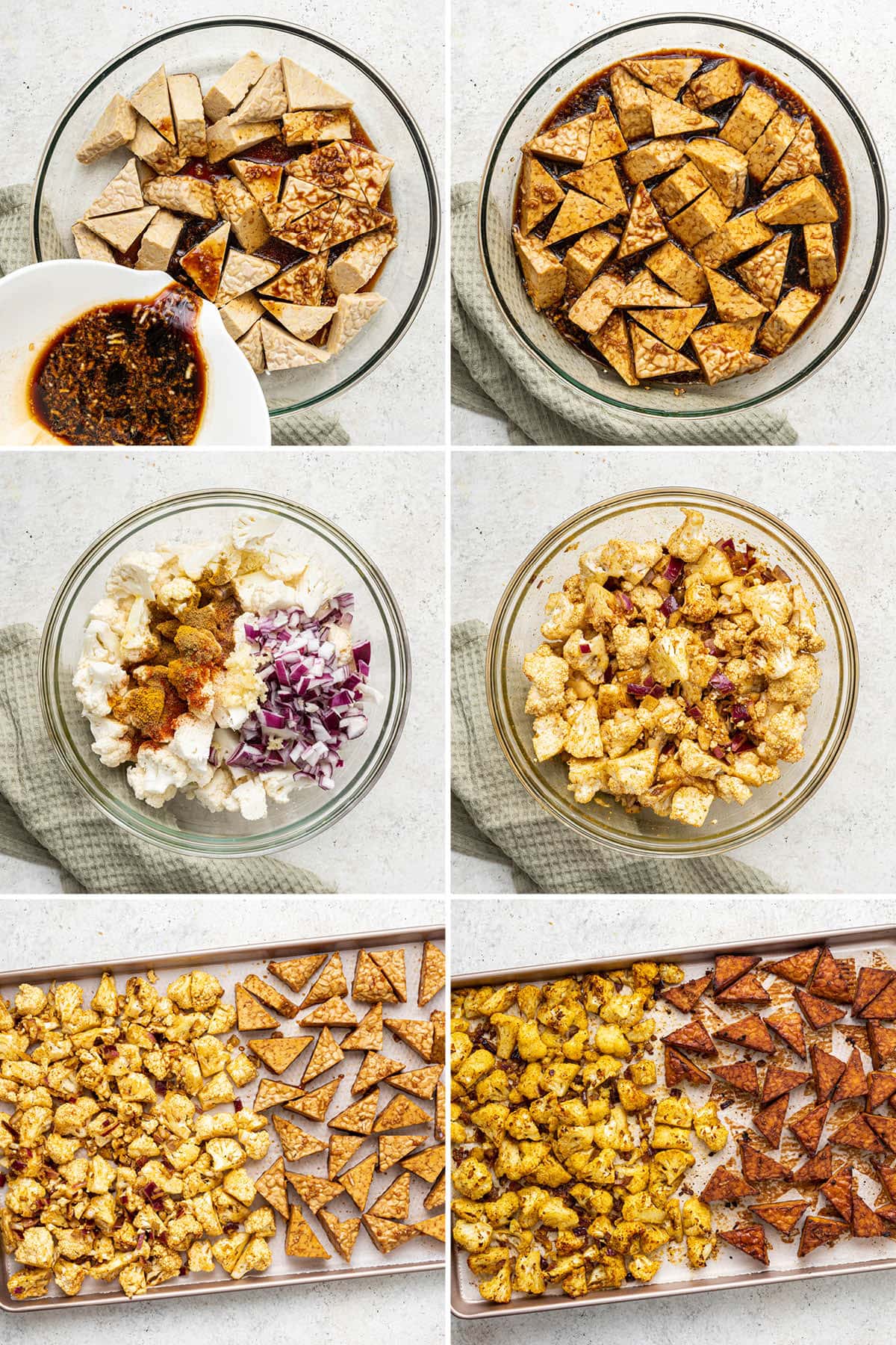 Collage of six photos showing the steps to make Curried Cauliflower and Tempeh Bowl: marinating tempeh in maple balsamic marinade, tossing cauliflower and onion with spices, and then roasting the cauliflower and tempeh on a sheet pan.