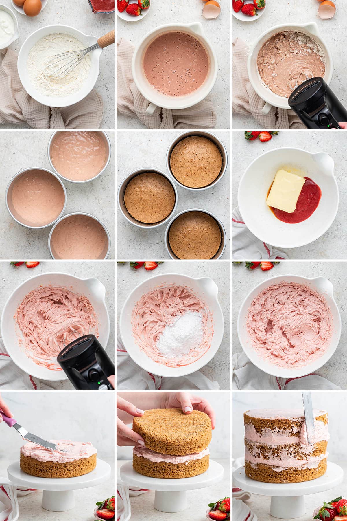 Collage of 12 photos showing the steps to make a Healthy Strawberry Cake: making the batter, baking in three cake tins, making strawberry frosting, and then frosting and layering the cake.
