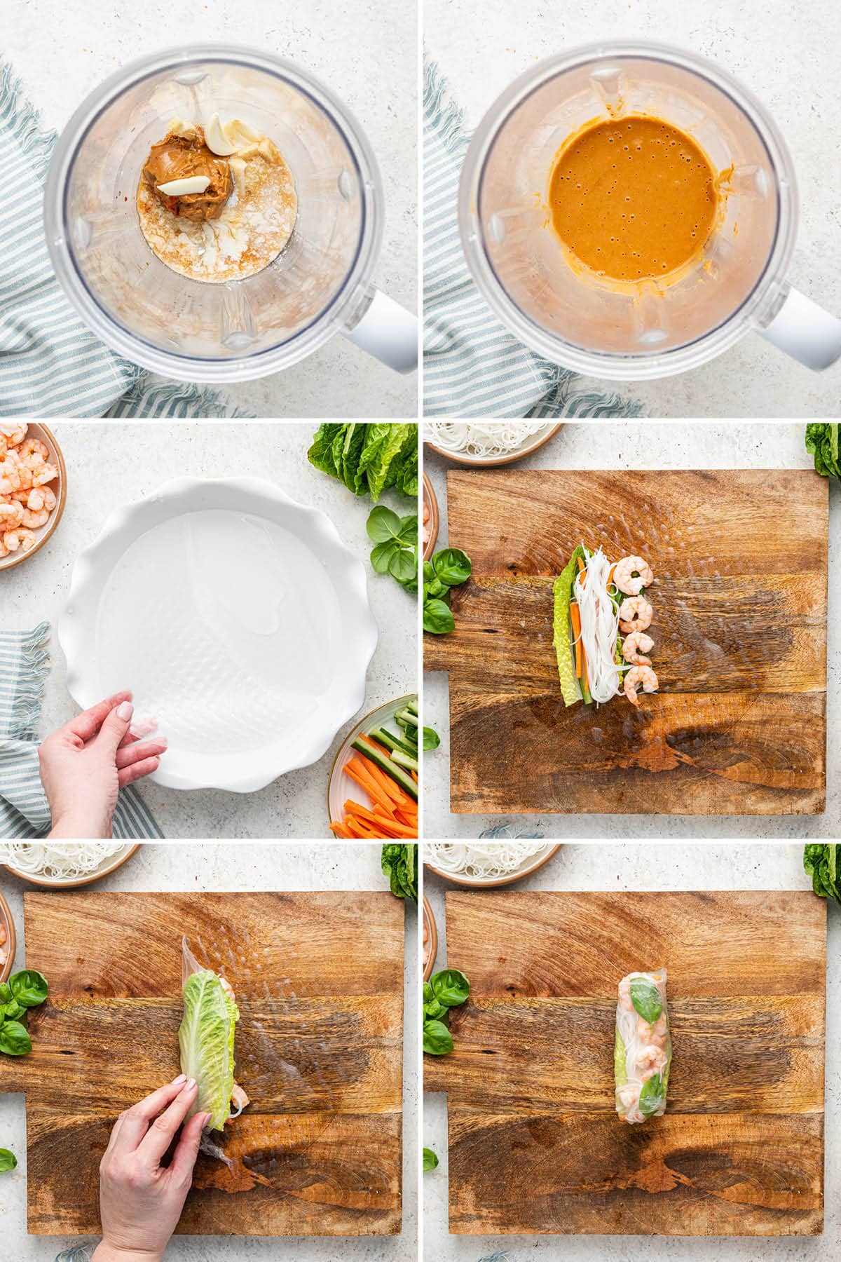 Collage of six photos showing the steps to make shrimp spring rolls: making a peanut sauce and wrapping shrimp and veggies in rice paper wrappers.