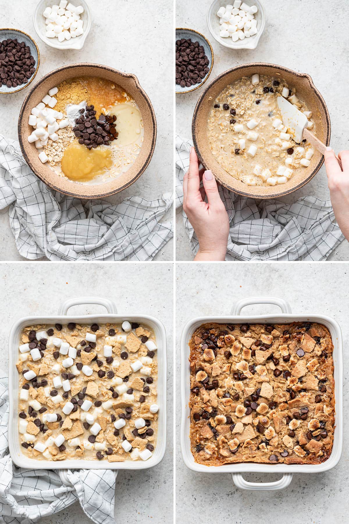 Collage of four photos showing the steps to make S'mores Baked Oatmeal: making the baked oatmeal ingredients in a mixing bowl and then baking it in a baking dish.
