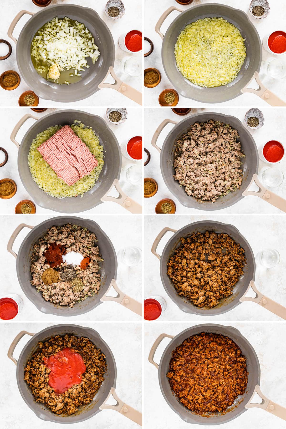 Collage of 8 photos showing how to make turkey taco meat for Turkey Taco Meal Prep Bowl: browning onion, adding the ground turkey, more spices and tomato sauce.