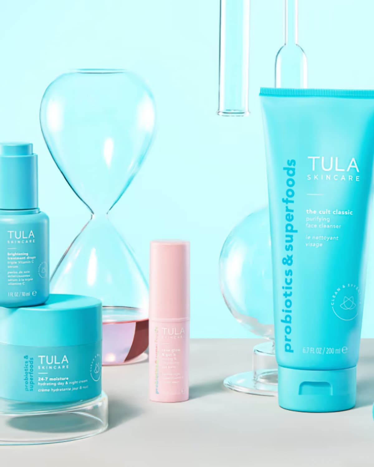 Four Tula products with a blue background.