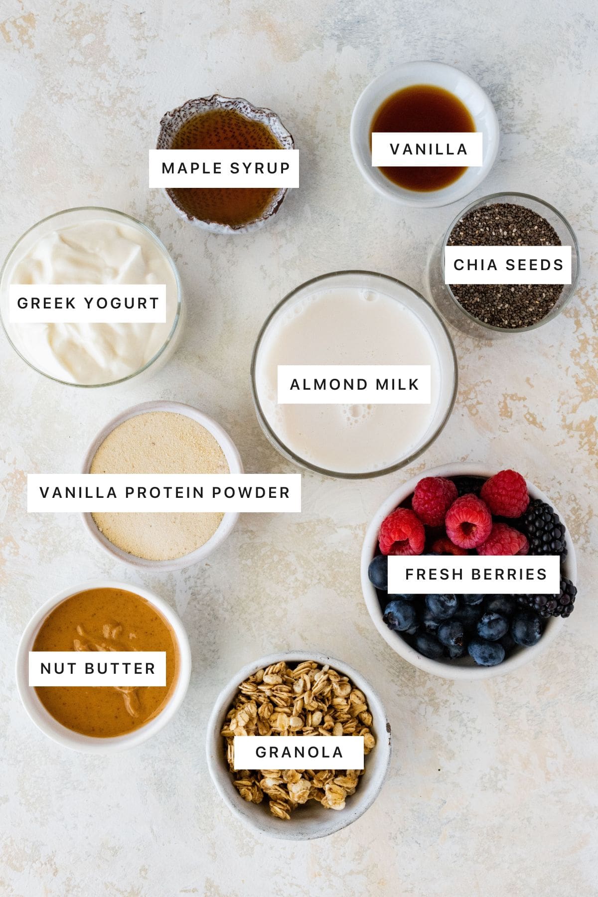 overhead shot of Protein Chia Pudding ingredients