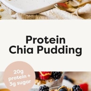 protein chia pudding with berries, granola and nut butter in clear glass
